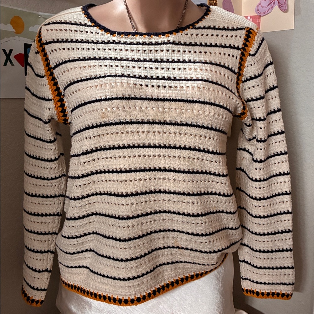 Alya Cream and Black Striped Crochet Sweater with Mustard Trim
